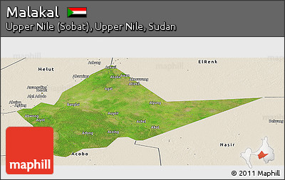 Satellite Panoramic Map of Malakal, shaded relief outside