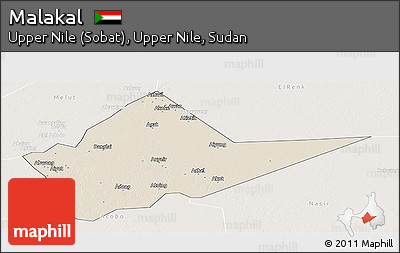 Shaded Relief Panoramic Map of Malakal, lighten