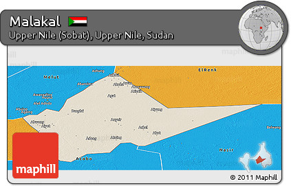 Shaded Relief Panoramic Map of Malakal, political outside