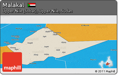 Shaded Relief Panoramic Map of Malakal, political outside
