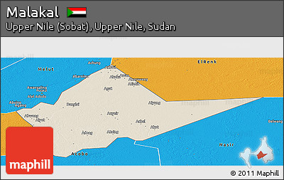 Shaded Relief Panoramic Map of Malakal, political outside