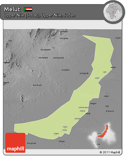 Physical 3D Map of Melut, darken, desaturated