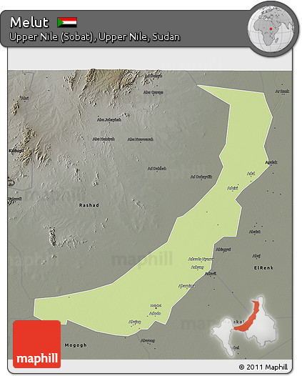 Physical 3D Map of Melut, darken, semi-desaturated