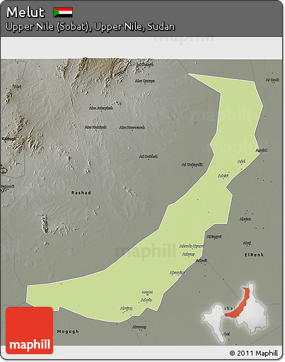 Physical 3D Map of Melut, darken, semi-desaturated