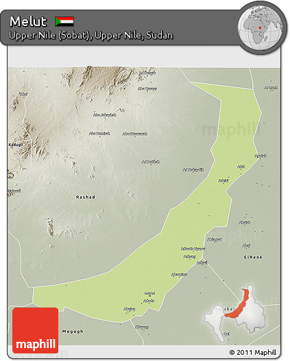 Physical 3D Map of Melut, semi-desaturated