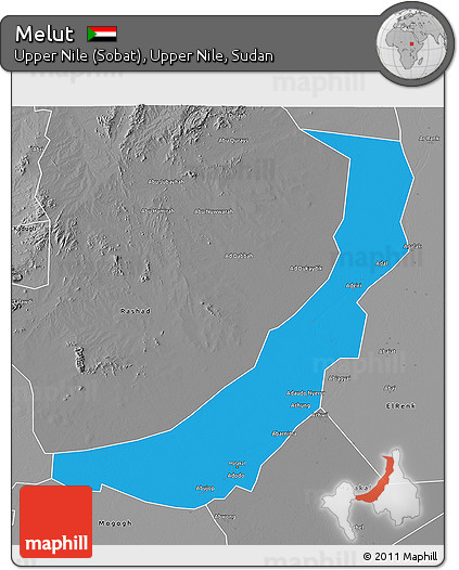Political 3D Map of Melut, desaturated