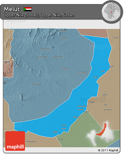 Political 3D Map of Melut, semi-desaturated
