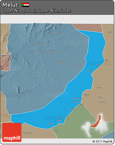 Political 3D Map of Melut, semi-desaturated