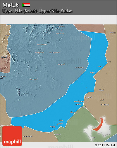 Political 3D Map of Melut, semi-desaturated
