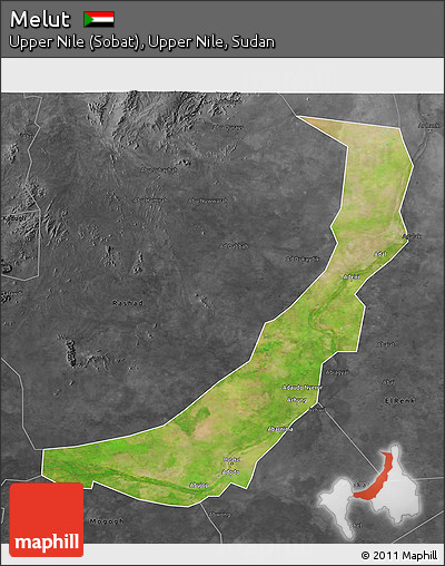 Satellite 3D Map of Melut, darken, desaturated