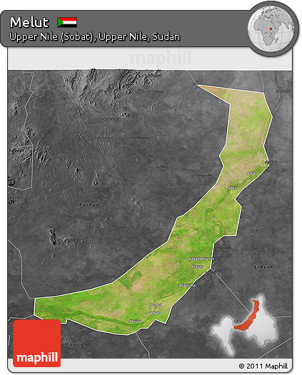 Satellite 3D Map of Melut, darken, desaturated