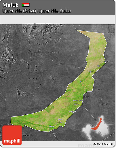 Satellite 3D Map of Melut, darken, desaturated