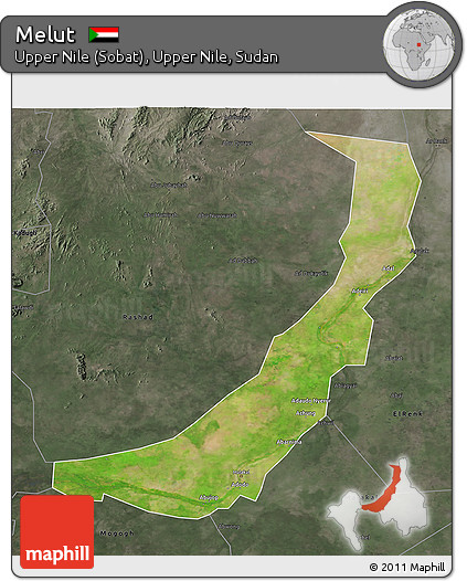 Satellite 3D Map of Melut, darken, semi-desaturated