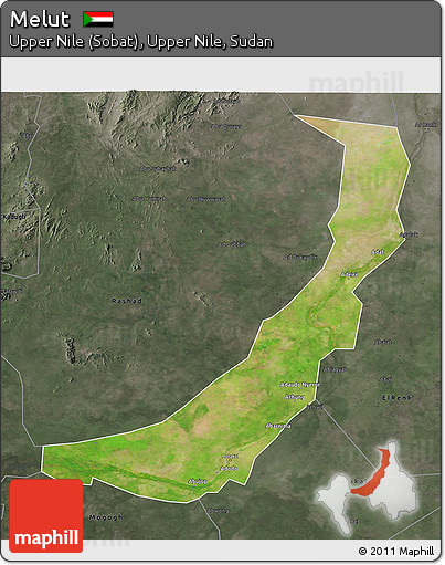 Satellite 3D Map of Melut, darken, semi-desaturated