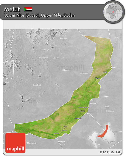 Satellite 3D Map of Melut, lighten, desaturated