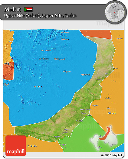 Satellite 3D Map of Melut, political outside