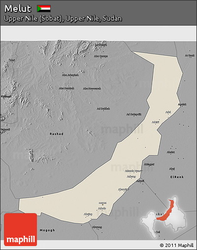 Shaded Relief 3D Map of Melut, darken, desaturated