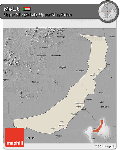 Shaded Relief 3D Map of Melut, darken, desaturated