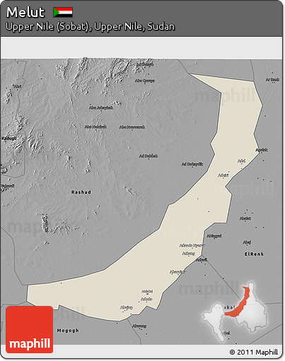 Shaded Relief 3D Map of Melut, darken, desaturated