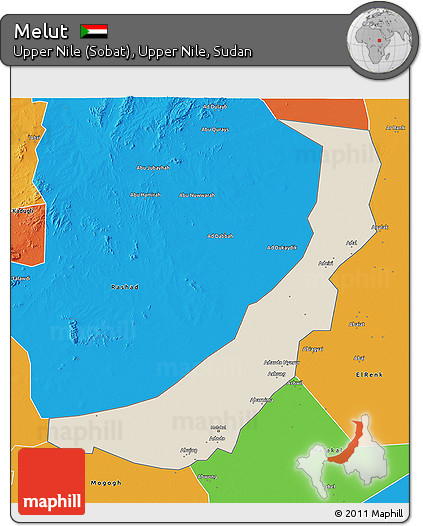 Shaded Relief 3D Map of Melut, political outside