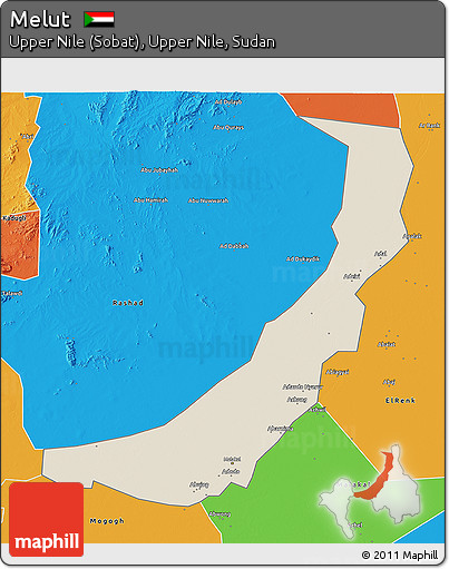 Shaded Relief 3D Map of Melut, political outside