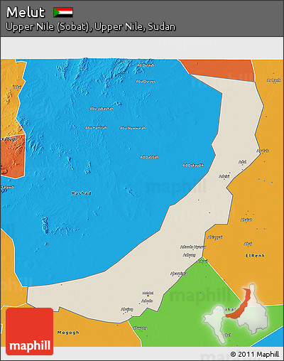 Shaded Relief 3D Map of Melut, political outside