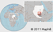 Gray Location Map of Melut, highlighted country, highlighted grandparent region, within the entire country, hill shading