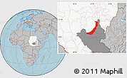 Gray Location Map of Melut, highlighted country, highlighted grandparent region, hill shading