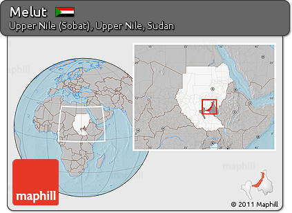 Gray Location Map of Melut, highlighted country, highlighted parent region, within the entire country, hill shading