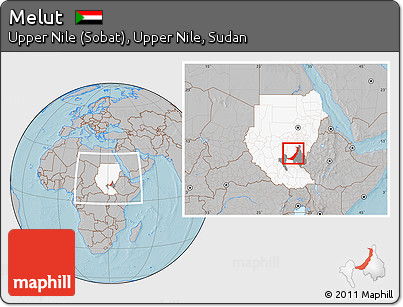 Gray Location Map of Melut, highlighted country, highlighted parent region, within the entire country, hill shading