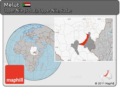 Gray Location Map of Melut, highlighted country, highlighted parent region, hill shading