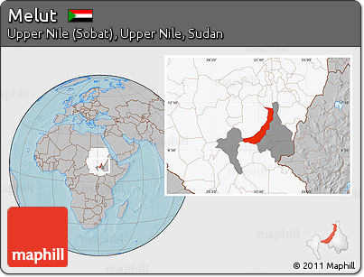 Gray Location Map of Melut, highlighted country, highlighted parent region, hill shading