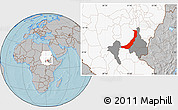 Gray Location Map of Melut, highlighted country, highlighted parent region, hill shading