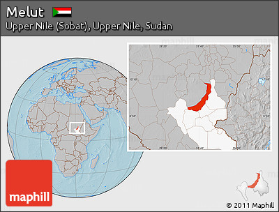 Gray Location Map of Melut, highlighted grandparent region, hill shading