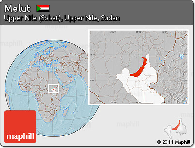Gray Location Map of Melut, highlighted grandparent region, hill shading