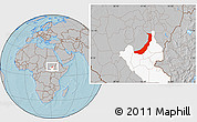 Gray Location Map of Melut, highlighted grandparent region, hill shading