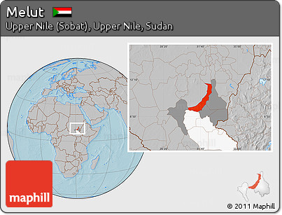 Gray Location Map of Melut, highlighted parent region, highlighted grandparent region, hill shading