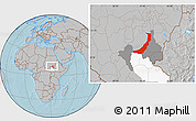 Gray Location Map of Melut, highlighted parent region, highlighted grandparent region, hill shading