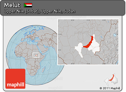 Gray Location Map of Melut, highlighted parent region, hill shading