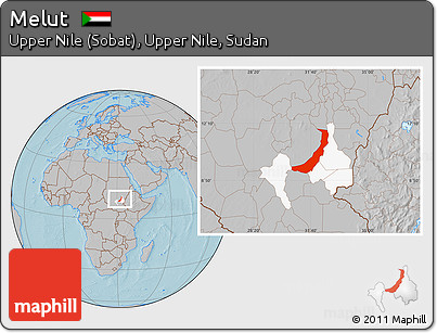 Gray Location Map of Melut, highlighted parent region, hill shading