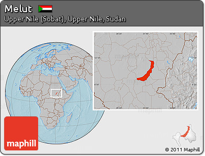 Gray Location Map of Melut, hill shading