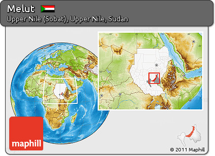 Physical Location Map of Melut, highlighted country, highlighted parent region, within the entire country