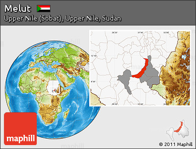 Physical Location Map of Melut, highlighted country, highlighted parent region