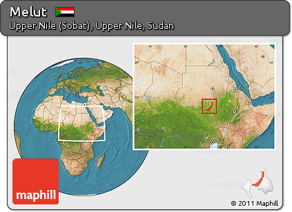 Satellite Location Map of Melut, within the entire country