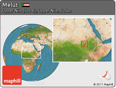 Satellite Location Map of Melut, within the entire country