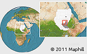Satellite Location Map of Melut, highlighted country, highlighted grandparent region, within the entire country