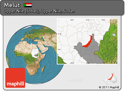 Satellite Location Map of Melut, highlighted country, highlighted grandparent region