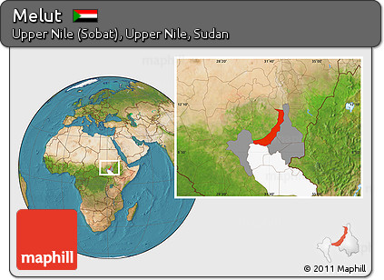 Satellite Location Map of Melut, highlighted parent region, highlighted grandparent region