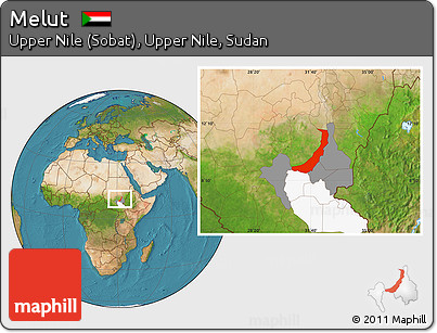 Satellite Location Map of Melut, highlighted parent region, highlighted grandparent region