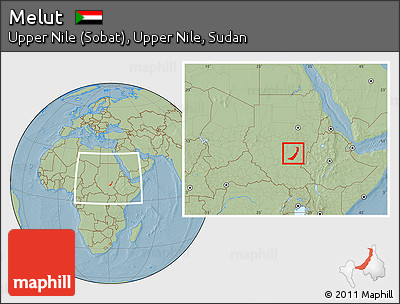 Savanna Style Location Map of Melut, within the entire country, hill shading